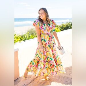 Crosby by Mollie Burch Go Bananas Colorful Ruffled Tiered Maxi Dress Sz M